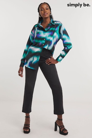 Simply Be Blue abstract Print Relaxed Fit Satin Shirt (Q74012) | £28