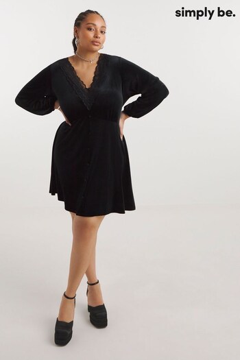 Simply Be Black Velour Lace Trim Skater Dress (Q74041) | £36