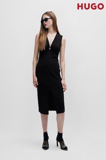 HUGO Sleeveless Black Midi Dress With Cut-Outs and Ring Detail (Q74181) | £239