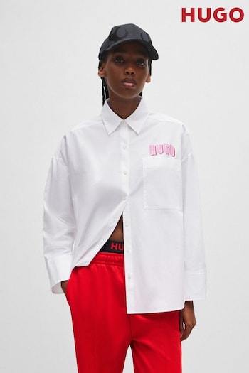 HUGO Oversized Fit White Blouse In Cotton Canvas With Seasonal Logo (Q74207) | £129