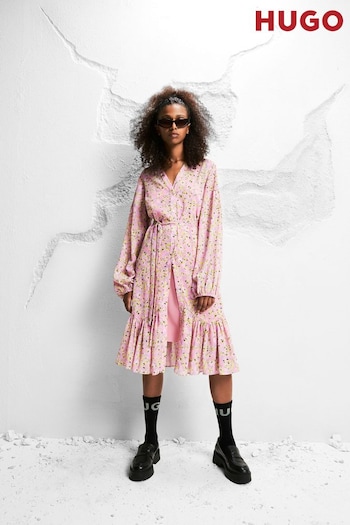 HUGO Pink Floral Print Belted Midi Dress (Q74236) | £239