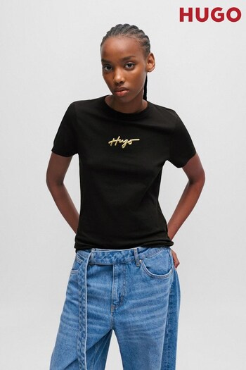 HUGO Cotton Jersey Metallic Effect Handwritten Logo Black T-Shirt (Q74246) | £45