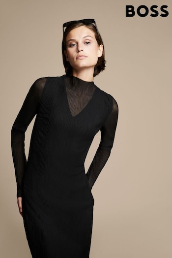 BOSS Black Plisse Pleats Tulle Textured Midi Dress (Q74280) | £239