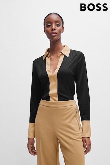 BOSS Black Ribbed Long-sleeved Blouse With Johnny Collar (Q74284) | £179