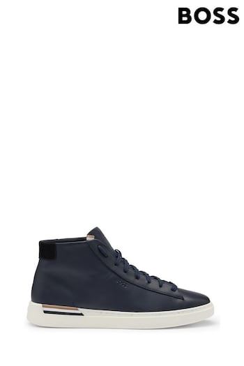 BOSS Blue Leather High-Top Trainers With Signature-Stripe Sole (Q74286) | £199