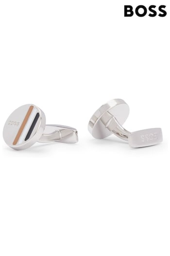 BOSS Natural Round Cufflinks With Logo and Signature Stripe (Q74298) | £82