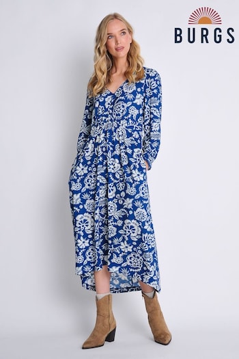 Burgs Womens Blue Whimble Midi Dress with Scallop Trim (Q74410) | £54