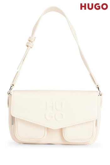 HUGO Faux Leather White Shoulder Bag with Debossed Stacked Logo (Q74540) | £169