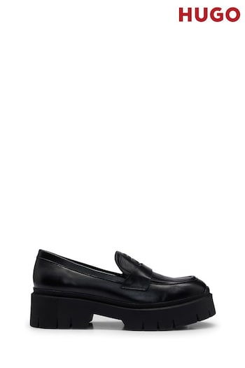 HUGO Chunky-Sole Black Loafers in Smooth Leather With Logo Details (Q74582) | £189