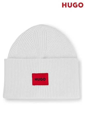 HUGO Logo-Label White Beanie Hat in a Ribbed Wool Blend (Q74583) | £59