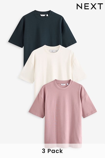 Navy Blue/Pink/Ecru Relaxed Fit Heavyweight T-Shirts with 3 Pack (Q74596) | £42