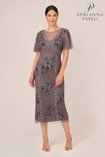 Adrianna Papell Purple Flutter Beaded Ankle Dress (Q74619) | £299