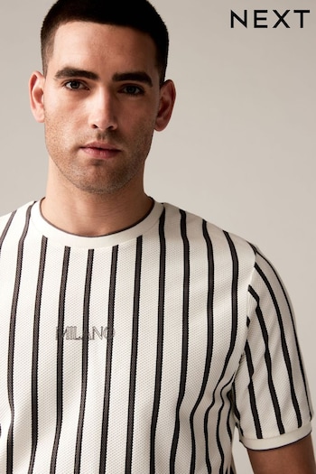Ecru/Grey Textured Vertical Stripe T-Shirt (Q74632) | £22