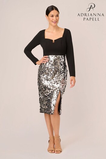 Adrianna Papell Silver Knit Crepe Sequin Dress (Q74642) | £199