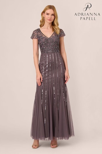 Adrianna Papell Purple Studio Beaded Long Dress (Q74648) | £169
