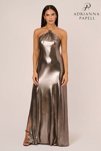 Aidan by Adrianna Papell Grey Metallic Knit Gown (Q74653) | £265