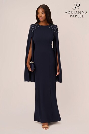 Adrianna Papell Blue Crepe Beaded Cape Sleeve Gown (Q74656) | £299