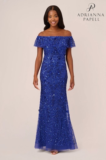 Adrianna Papell Blue Beaded Mesh Gown (Q74658) | £349