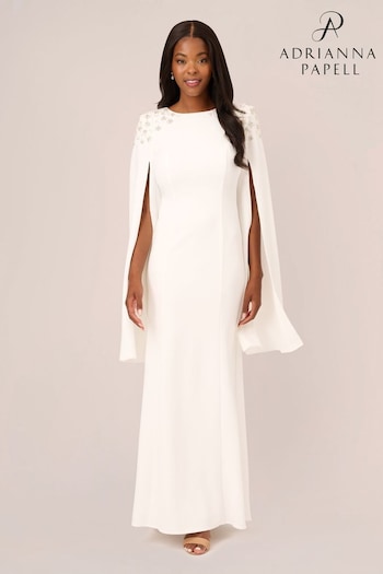 Adrianna Papell Crepe Beaded Cape Sleeve White Gown (Q74660) | £299