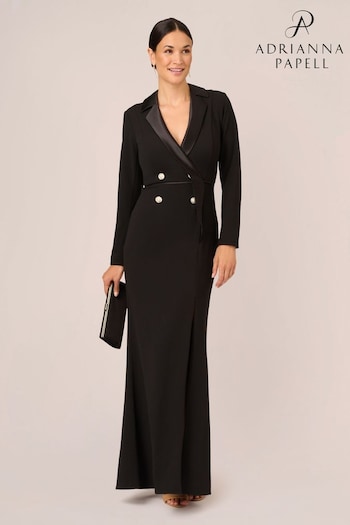 Adrianna Papell Tuxedo Black Gown With Jewel Buttons (Q74665) | £229