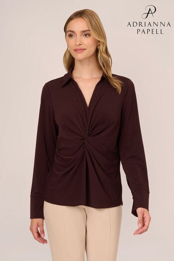 Adrianna Papell Solid Long Sleeve Twist Front Knit Brown Top (Q74700) | £59