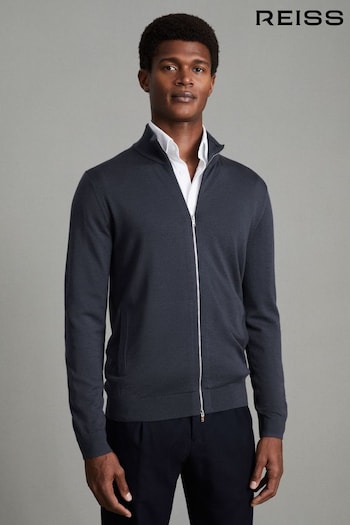 Reiss Blue Smoke Hampshire Merino Wool Funnel-Neck Cardigan (Q74715) | £118