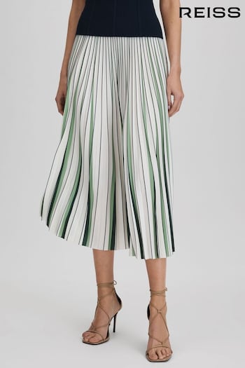 Reiss Green/Cream Saige Pleated Striped Midi Skirt (Q74808) | £158