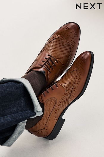 Tan Brown Leather Embossed Wing Cap Brogues Shoes (Q74890) | £50