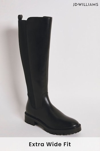 JD Williams Extra Wide Fit Leather High Leg Black Boots With Back Elastic Detail (Q74911) | £85