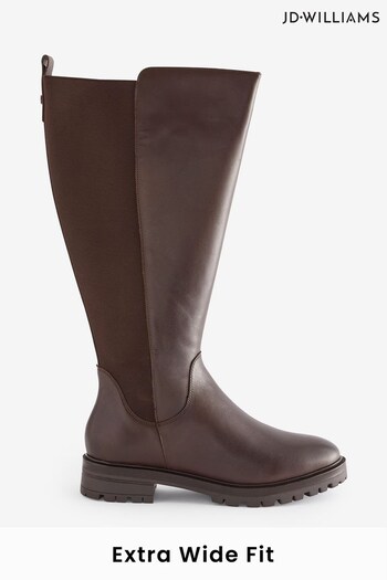 JD Williams Extra Wide Fit Leather High Leg Brown Boots innovative With Back Elastic Detail (Q74998) | £85