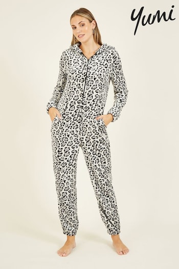 Yumi Grey Snow Leopard Print Fleece Onesie With Pockets (Q75081) | £40