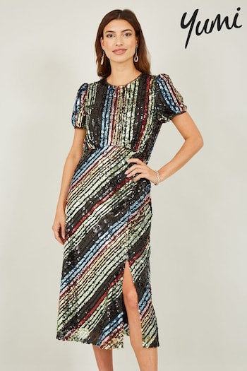 Yumi Natural Rainbow Stripe Sequin Midi Dress (Q75085) | £75