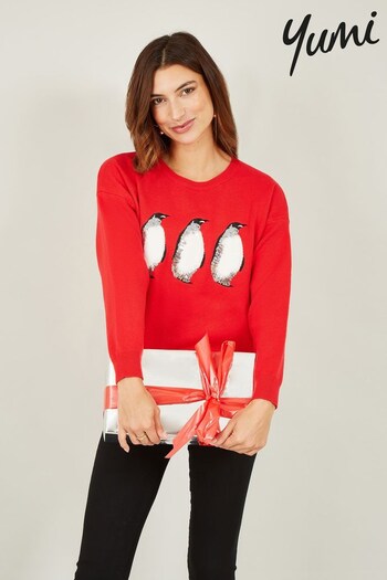 Yumi Red Christmas Festive Penguin Knitted Jumper (Q75088) | £45