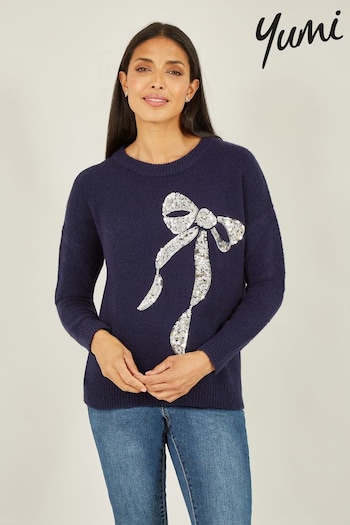 Yumi Blue Sequin Bow Knitted Jumper (Q75094) | £50