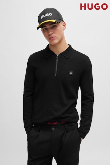HUGO Black Zip Neck Textured Regular Polo Shirt (Q75100) | £169