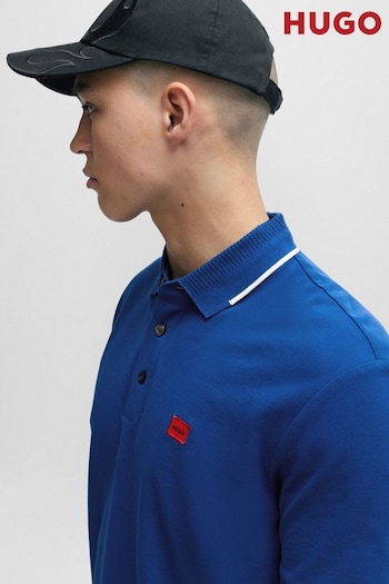 HUGO Cotton-Piqué Blue Slim-Fit Polo dubbelstickade Shirt With Logo Label (Q75112) | £99