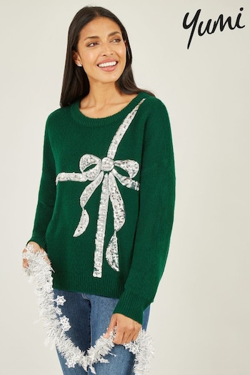 Yumi Green Sequin Bow Knitted Jumper (Q75116) | £50