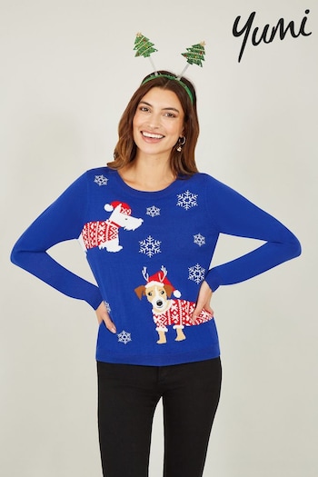 Yumi Blue Christmas Dog Knitted Jumper (Q75128) | £50