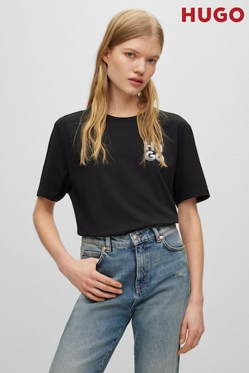 HUGO Cotton-jersey Black T-Shirt with decorative reflective logo (Q75129) | £45