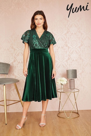Yumi Green Embellished Velvet Wrap Skater Midi Dress (Q75131) | £75