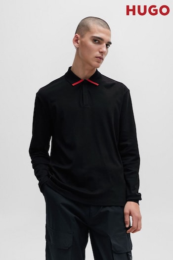 HUGO Piped Collar Long Sleeve Jersey Polo dubbelstickade Shirt (Q75140) | £119