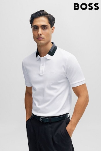 BOSS White Interlock-Cotton Slim-Fit Polo Shirt With Colour-Blocked Collar (Q75152) | £119
