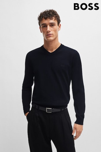 BOSS Blue V-Neck Sweater in Cotton With Embroidered Logo (Q75153) | £129