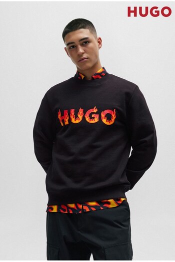 HUGO Black Cotton-terry Sweatshirt With Puffed Flame Logo Sweater (Q75160) | £99