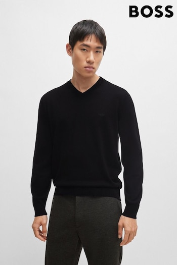 BOSS Black V-Neck Sweater in Cotton With Embroidered Logo (Q75165) | £129
