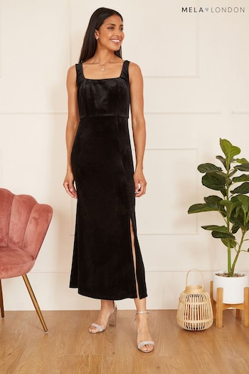 Mela Black Velvet Fitted Midi Dress (Q75174) | £25