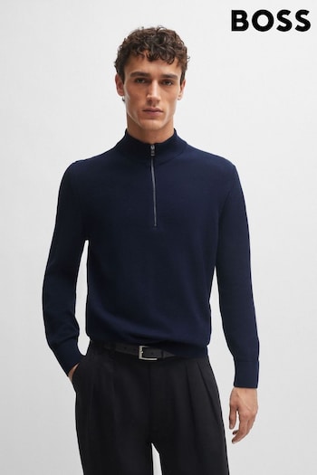 BOSS Blue Zip Neck Sweater In Micro Structured Cotton (Q75177) | £169