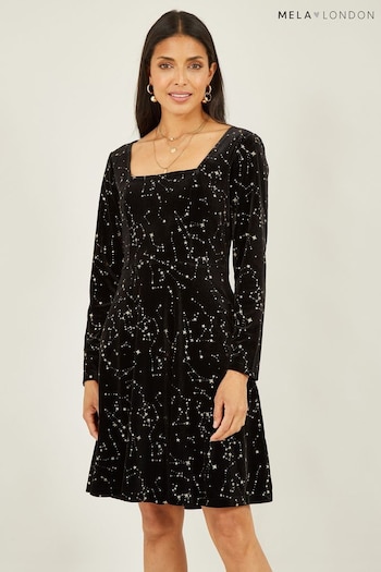 Mela Black Star Foil Print Long Sleeve Skater Dress (Q75179) | £40
