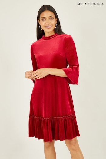 Mela Red Velvet High Neck Skater Dress (Q75184) | £40