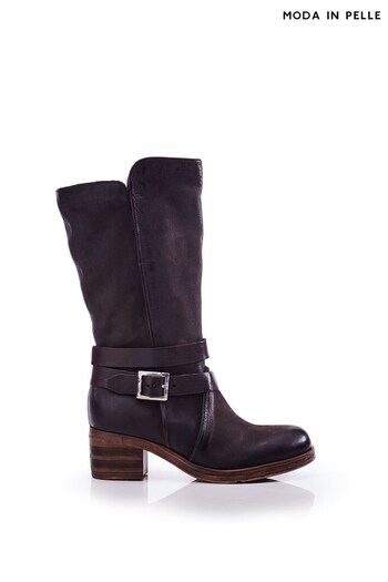 Moda in Pelle Brown Brinley Buckle Wrap Mid Calf Boots With Piping Detail (Q75300) | £190